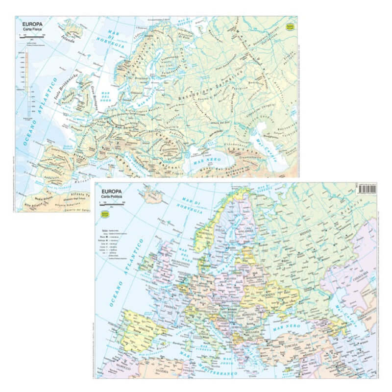 Cartina Europa Fisica e Politica Plastificata 29 x 42 cm