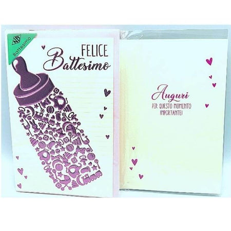 Biglietto Auguri Battesimo Biberon Rosa in Rilievo con Busta Formato 12x17 cm