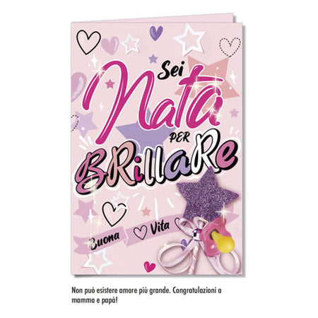 Biglietto Auguri Nascita Brillantinato Rosa con Busta Formato 12 x 17 cm