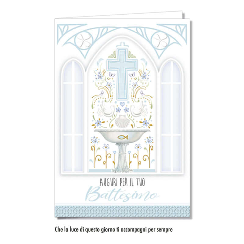 Biglietto Auguri Battesimo Azzurro Disegno in Rilievo con Busta Formato 12 x 17 cm