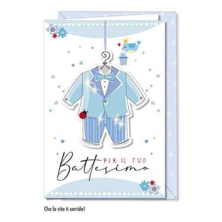 Biglietto Auguri Battesimo Azzurro Abitino con Busta Formato 12 x 17 cm