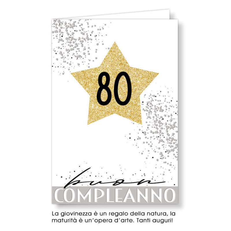 Biglietto Auguri Compleanno 80 Anni Stella Glitterata con Busta Formato 12 x 17 cm