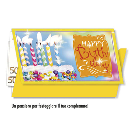 Biglietto Auguri Compleanno Portasoldi Brillantinato con Busta Formato 12 x 17 cm