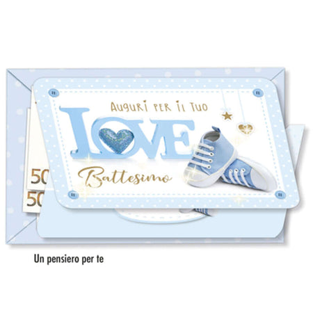 Biglietto Battesimo Portasoldi Azzurro con Busta Formato 12 x 17 cm