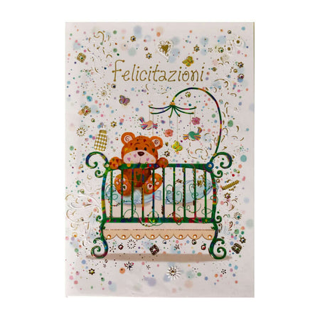 Biglietto Auguri Nascita Orsetto nella Culla con Busta Formato 12 x 17 cm