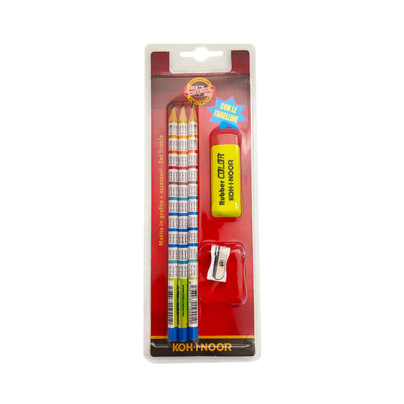Matita HB Kohinoor Confezione 3 Matite + 1 Temperino + 1 Gomma in Colori Assortiti