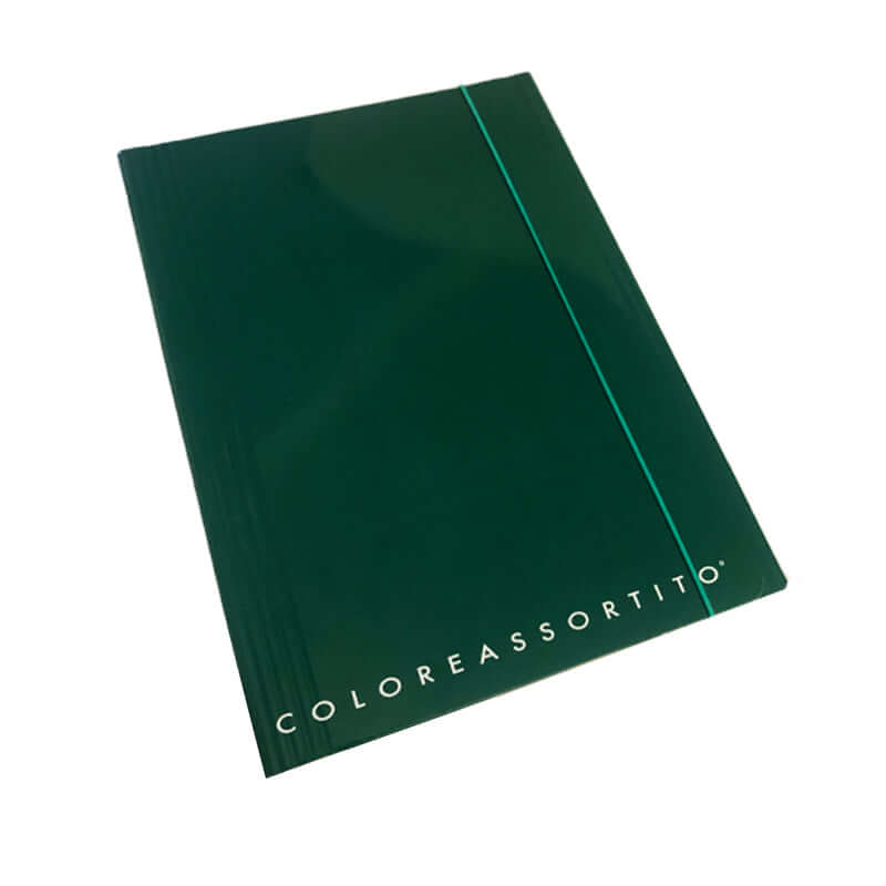 Cartelletta a 3 Lembi in Cartoncino Dorso Piatto con Elastico Formato 25x35 cm Top Quality Tinta Unita Colore Verde Scuro