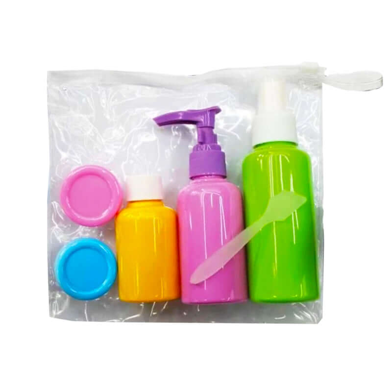 Kit Porta Liquidi da Viaggio 5 Contenitori Colorati con Busta Trasparante