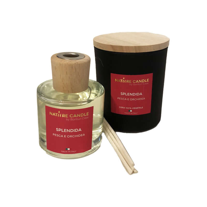 Candela e Profumatore in Scrigno Regalo Natural Candle by Bonturi Casa Splendida Pesca e Orchidea