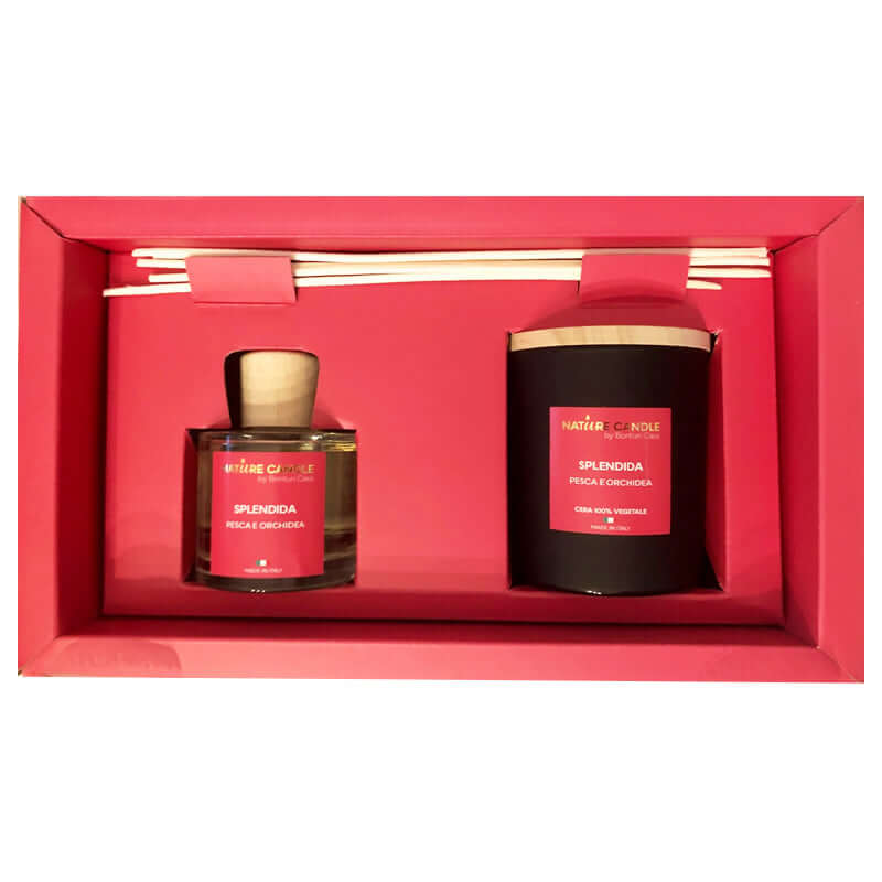 Candela e Profumatore in Scrigno Regalo Natural Candle by Bonturi Casa Splendida Pesca e Orchidea