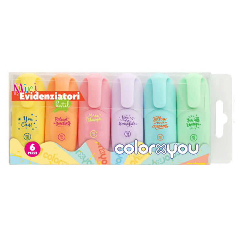 Mini Evidenziatori Pastel con Simpatiche Scritte Confezione 6 Pezzi