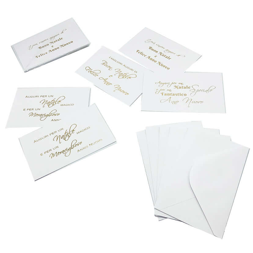 Biglietto di Natale con Busta Dimensioni 14 x 9 cm Colore Bianco Scritta Oro Confezione 5 Pezzi
