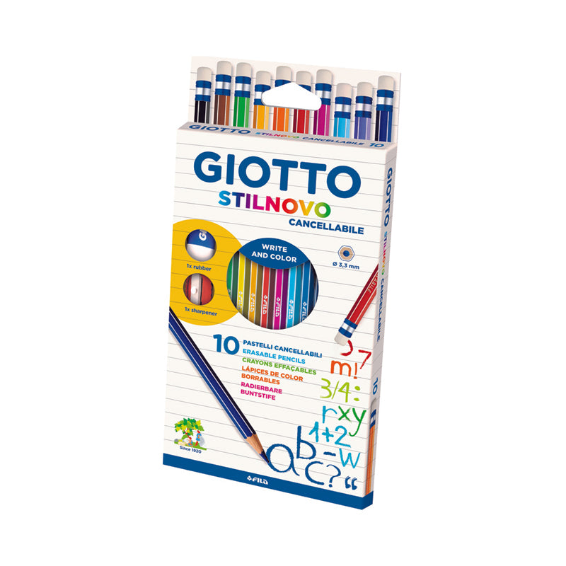 Pastelli Punta Fine Giotto Stilnovo Cancellabile + Gomma e Temperino Colori Assortiti Confezione 10 Pezzi