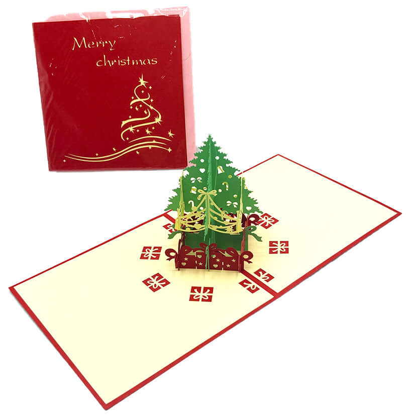 Biglietto di Natale 3D Origami Fantasia Albero Colore Rosso Formato 15 x 15 cm