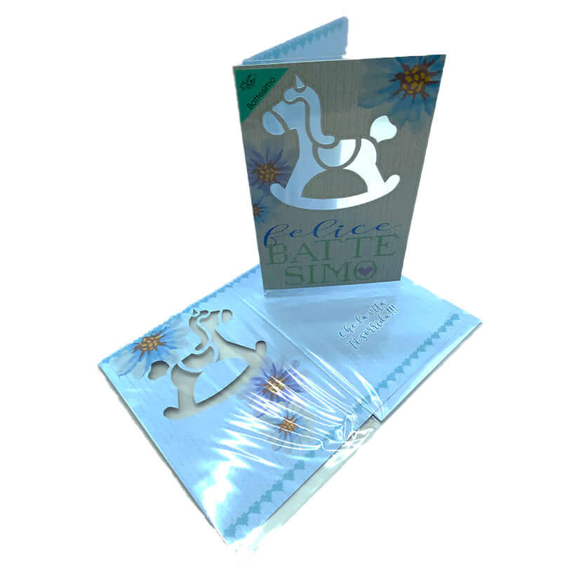 Biglietto Auguri Battesimo Cavalluccio Azzurro Fustellato con Busta Formato 12x17 cm