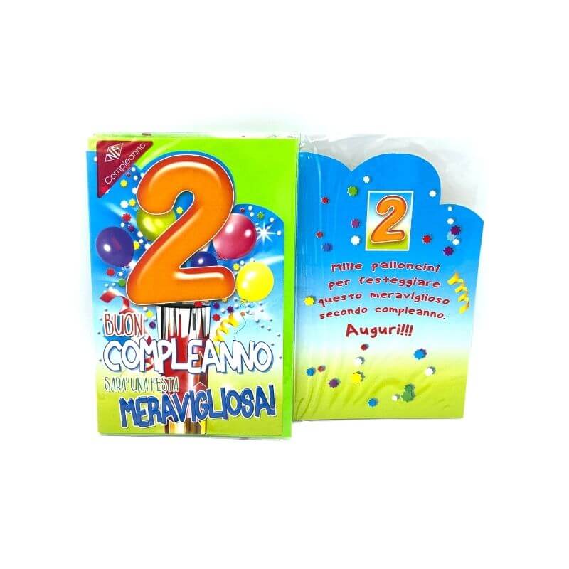 Biglietto Auguri Compleanno 2 Anni Sparacoriandoli con Busta Formato 12x17 cm