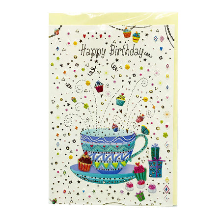 Biglietto Auguri Compleanno in Rilievo Happy Birthday Tazza con Busta Formato 12x17 cm