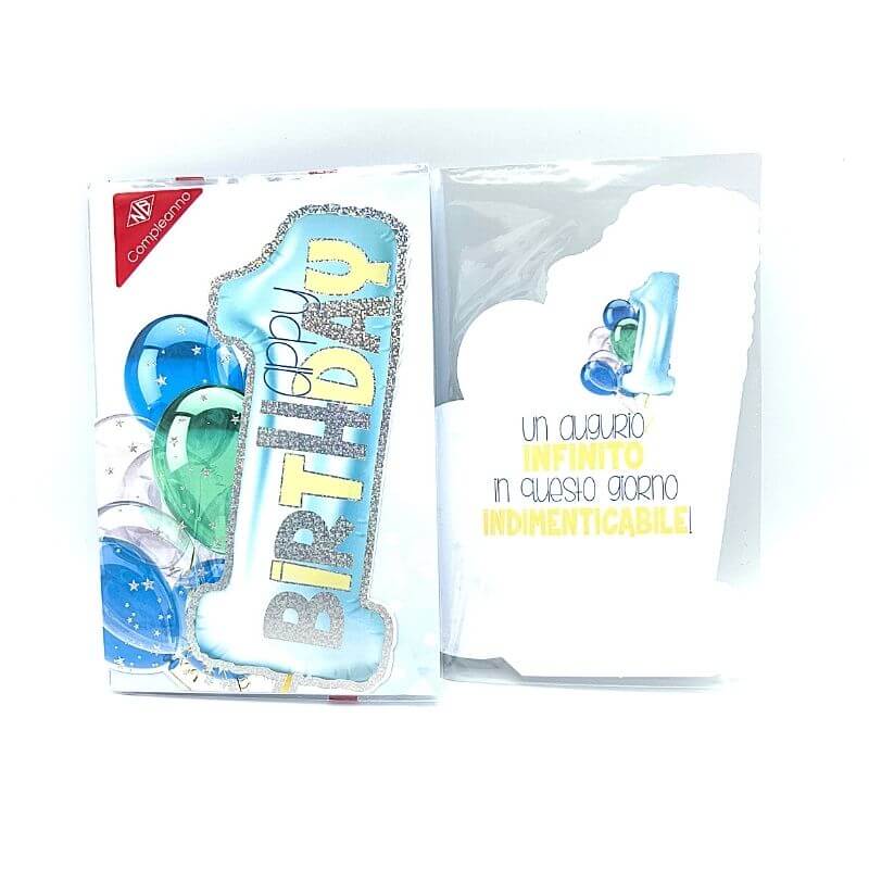 Biglietto Auguri Primo Compleanno Palloncini con Busta Formato 12x17 cm Colore Azzurro