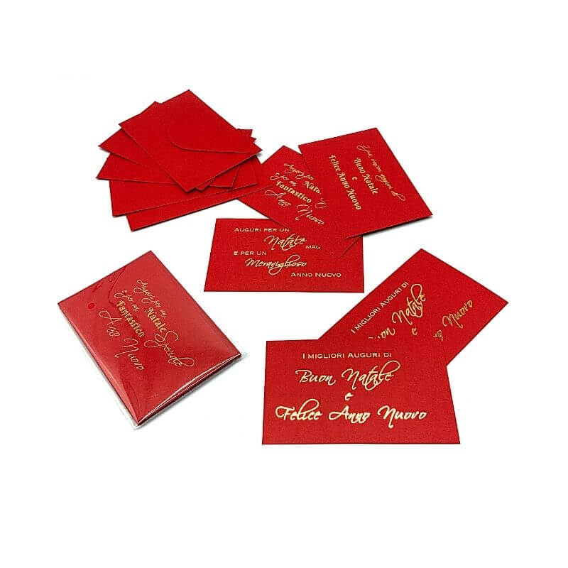 Biglietto di Natale con Busta Dimensioni 14 x 9 cm Colore Rosso Scritta Oro Confezione 5 Pezzi