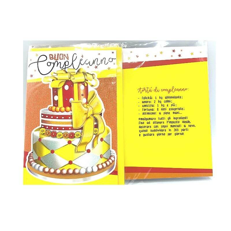 Biglietto Auguri Compleanno Brillantinato Torta con Fiocco e Busta Formato 12x17 cm