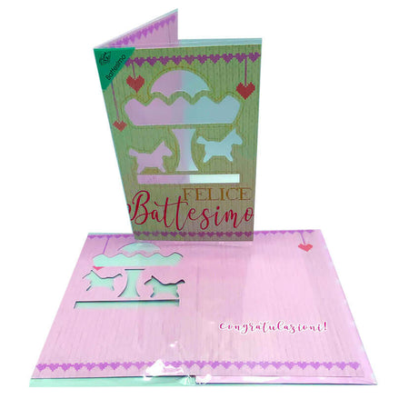 Biglietto Auguri Battesimo Giostra Rosa Fustellata con Busta Formato 12x17 cm