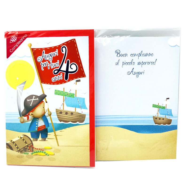 Biglietto Auguri Compleanno 4 Anni Pirata Brillantinato Boy con Busta Formato 12x17 cm