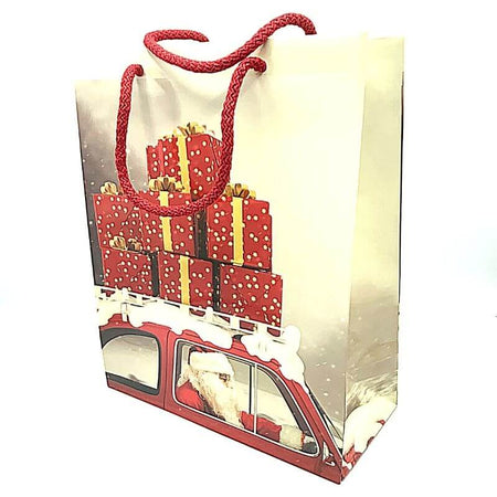 Shopper Natalizio con Manico Dimensioni 18 x 23 x 10 cm Fantasia Babbo Natale in Fiat 500