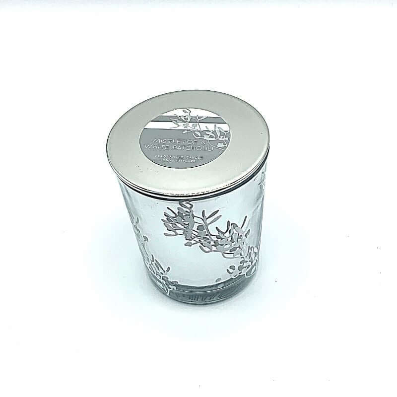 Candela Profumata in Bicchiere Colore Argento Mistletoe and White Patchouli Diametro 6 cm Altezza 7 cm