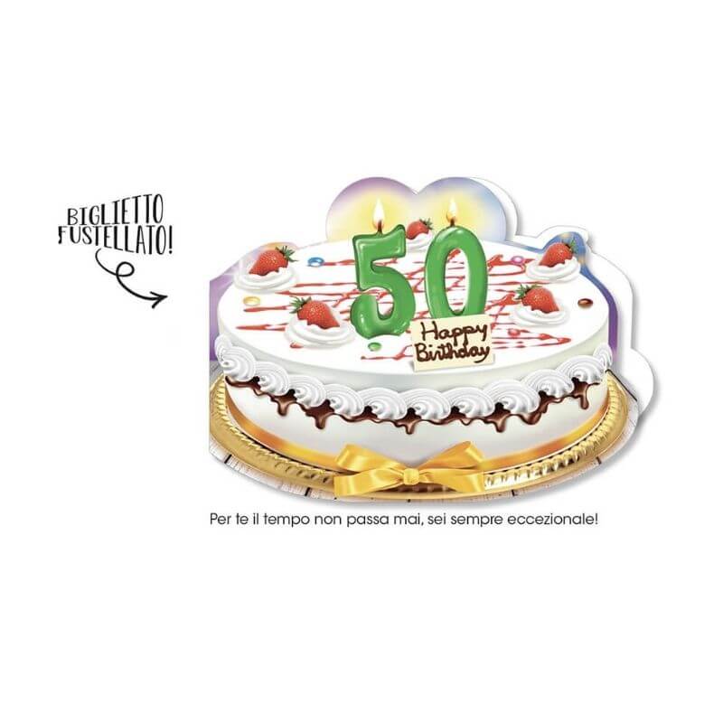 Biglietto Auguri Compleanno 50 Anni Torta Brillantinato con Busta Formato 12x17 cm