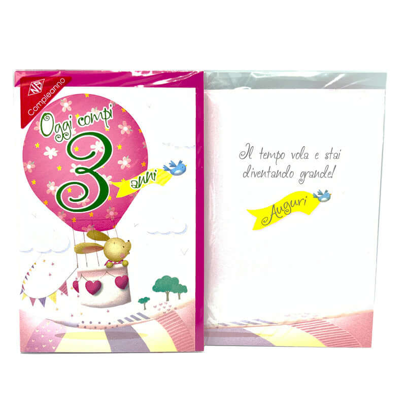 Biglietto Auguri Compleanno 3 Anni Mongolfiera Brillantinato Girl con Busta Formato 12x17 cm