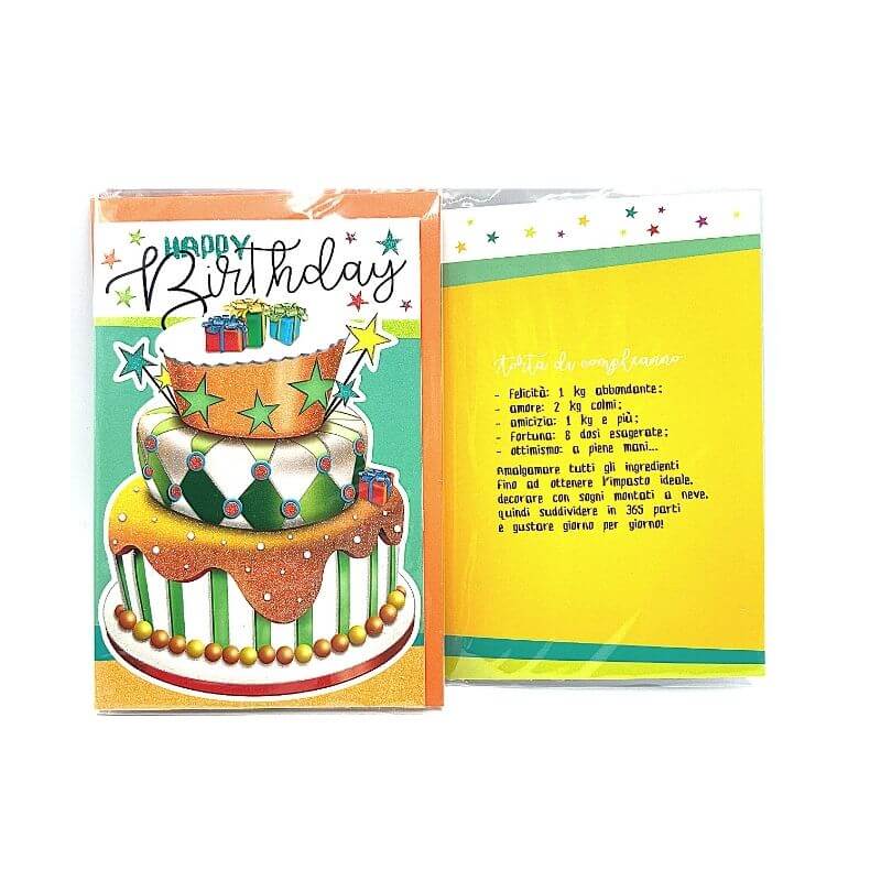 Biglietto Auguri Compleanno Brillantinato Torta con Stelle e Busta Formato 12x17 cm