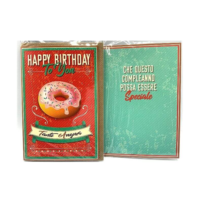 Biglietto Auguri Compleanno Brillantinato Donuts con Busta Formato 12x17 cm