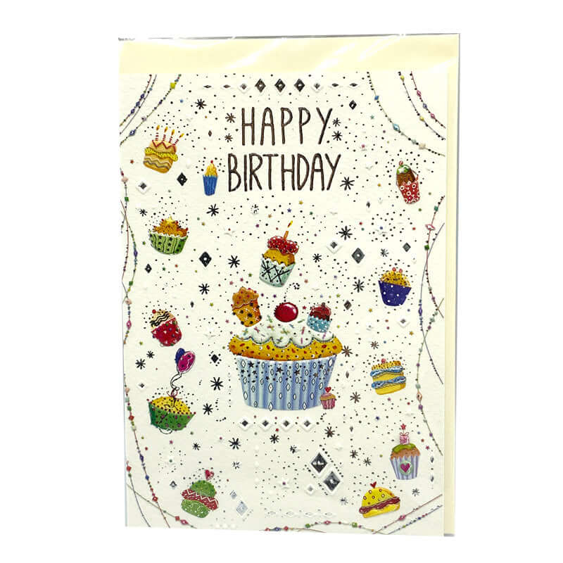 Biglietto Auguri Compleanno in Rilievo Happy Birthday Muffin con Ciliegia e Busta Formato 12x17 cm