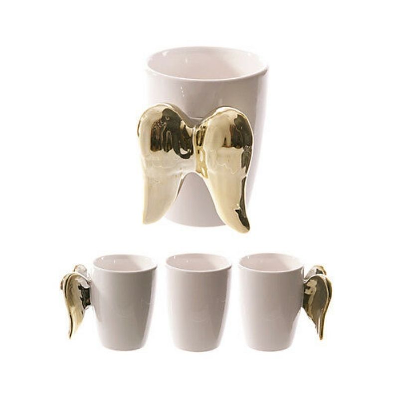 Tazza Mug Bianca in Ceramica con Ali Color Oro Altezza 11 cm