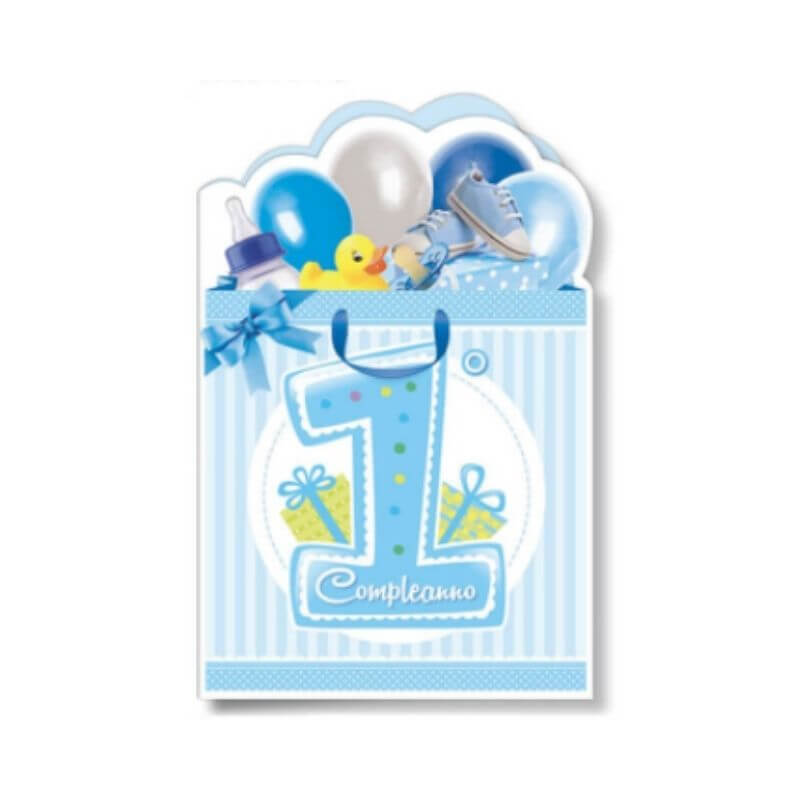 Biglietto Auguri Primo Compleanno Fustellato con Busta Formato 12x17 cm Colore Azzurro